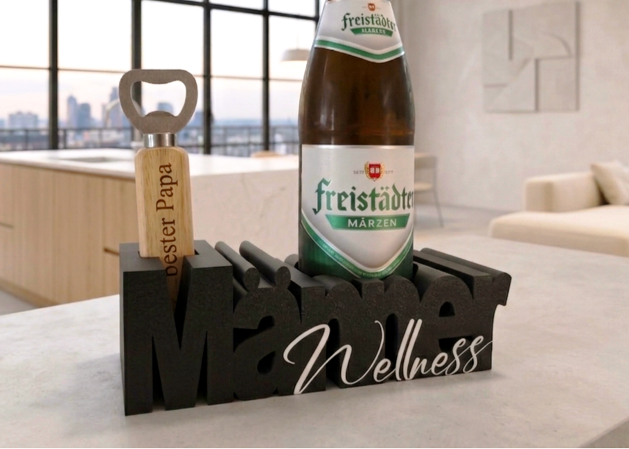 "Männer Wellness" – Der ultimative Bier-Aufsteller für echte Kenner / Geschenk / Vatertag - 3D Druck - aus Österreich